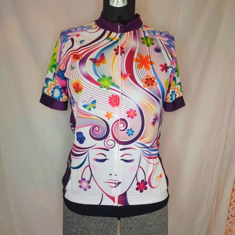 Weimostar Cycling Jersey Womens  Med Colorful‎ Purple 3 Deep Pockets Long Back.